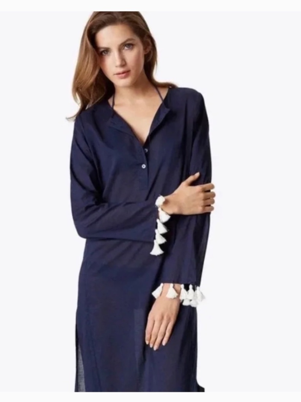 Tory Burch Sandy Tassel Navy Midi Tunic Dress S Coverup NWOT - Picture 5 of 11